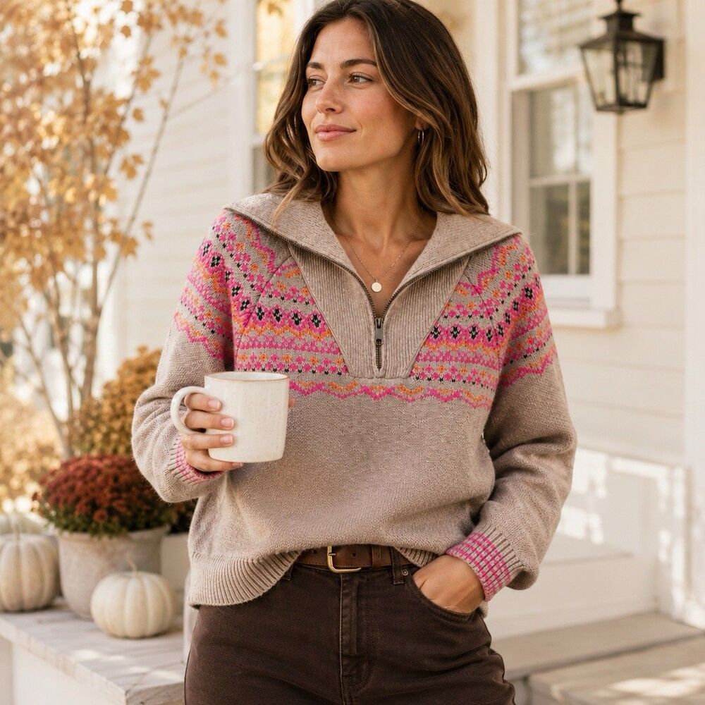 Marine Layer Archive Whitney Fair Isle Quarter Zip Sweater M Tan Pink Preppy Ski